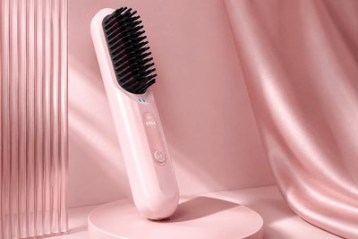 Pink hairbrush with black bristle head on a pink stand against a pink curtain background