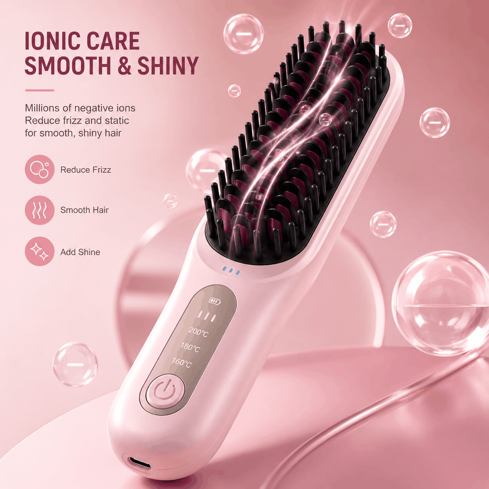 Pink hairbrush with electronic controls on a pink background, featuring text about ionic care.