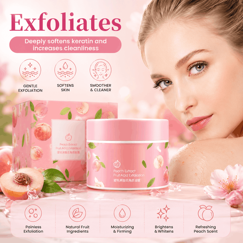 Pink skincare product with a woman's face and peach slices on a pink background