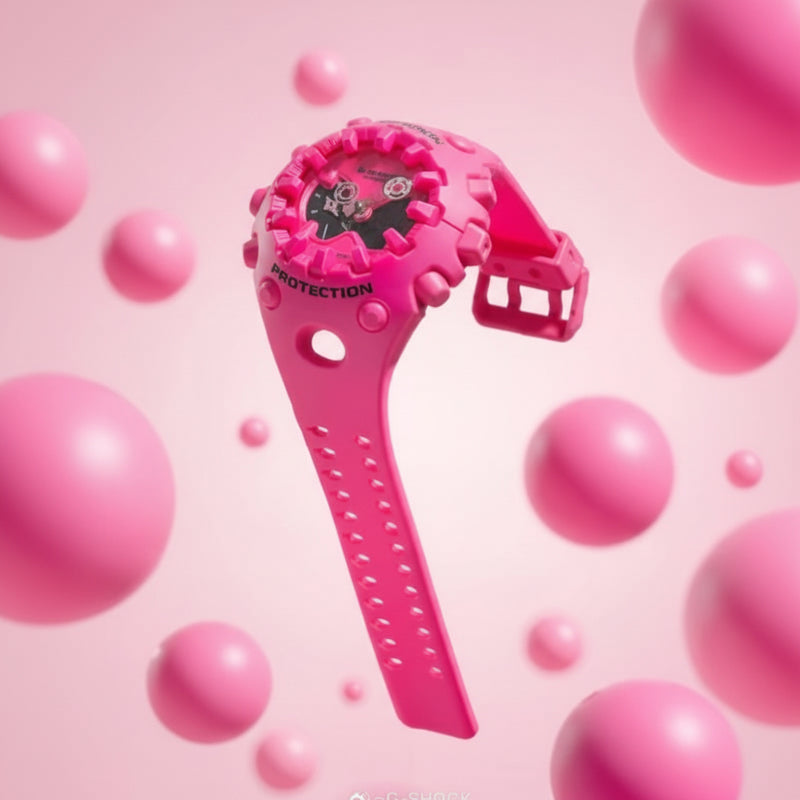 Pink watch with cartoon character on a pink background At Aezoon