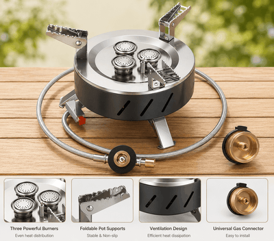 Portable 3-burner camping stove on a wooden table with braided hose and gas adapter highlights