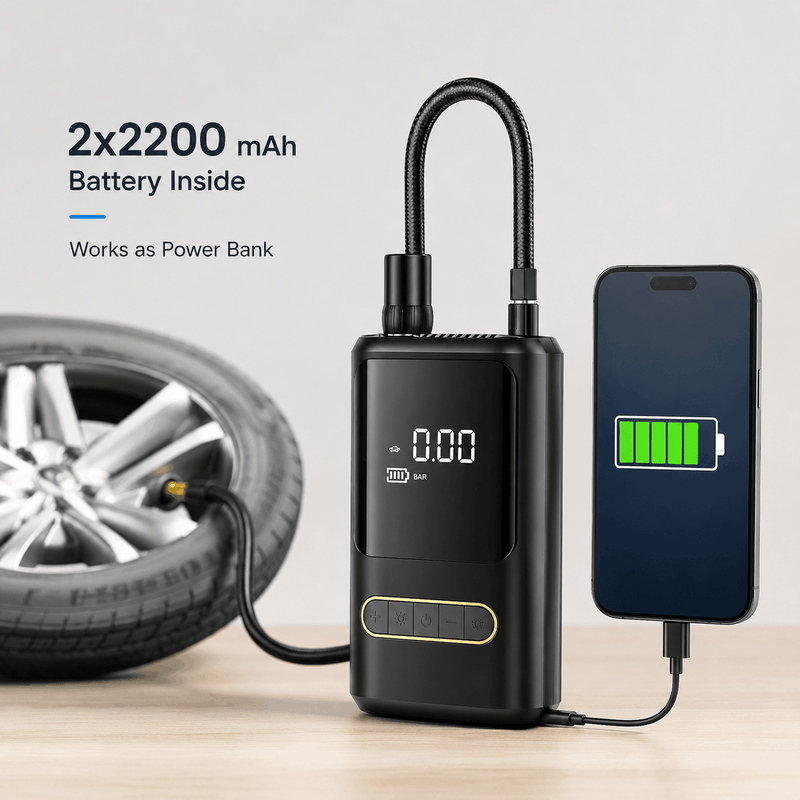 Portable air compressor with digital display, tire, and smartphone showing battery icon on a light gray background