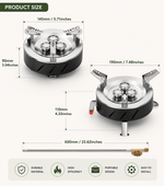 Portable camping stove size chart showing folded and unfolded dimensions with 600mm gas hose