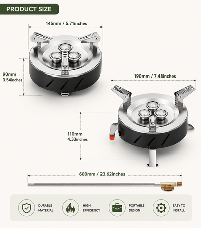 Portable camping stove size chart showing folded and unfolded dimensions with 600mm gas hose