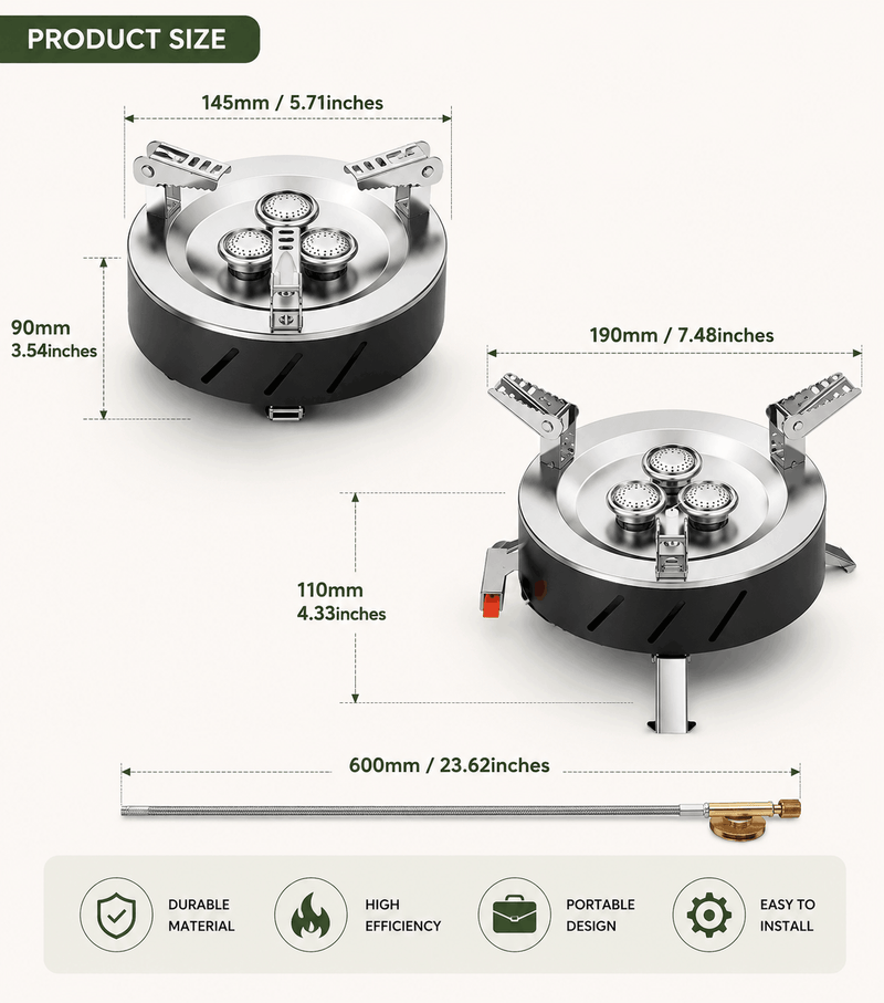 Portable camping stove size chart showing folded and unfolded dimensions with 600mm gas hose