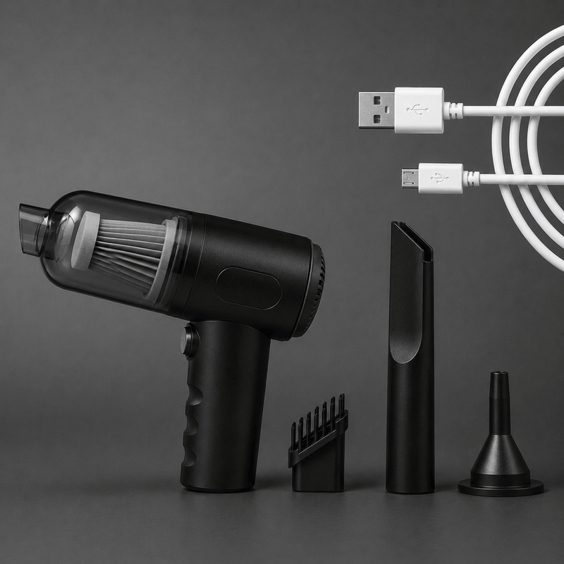Portable car handheld vacuum cleaner with dual attachments including long flat nozzle and brush head