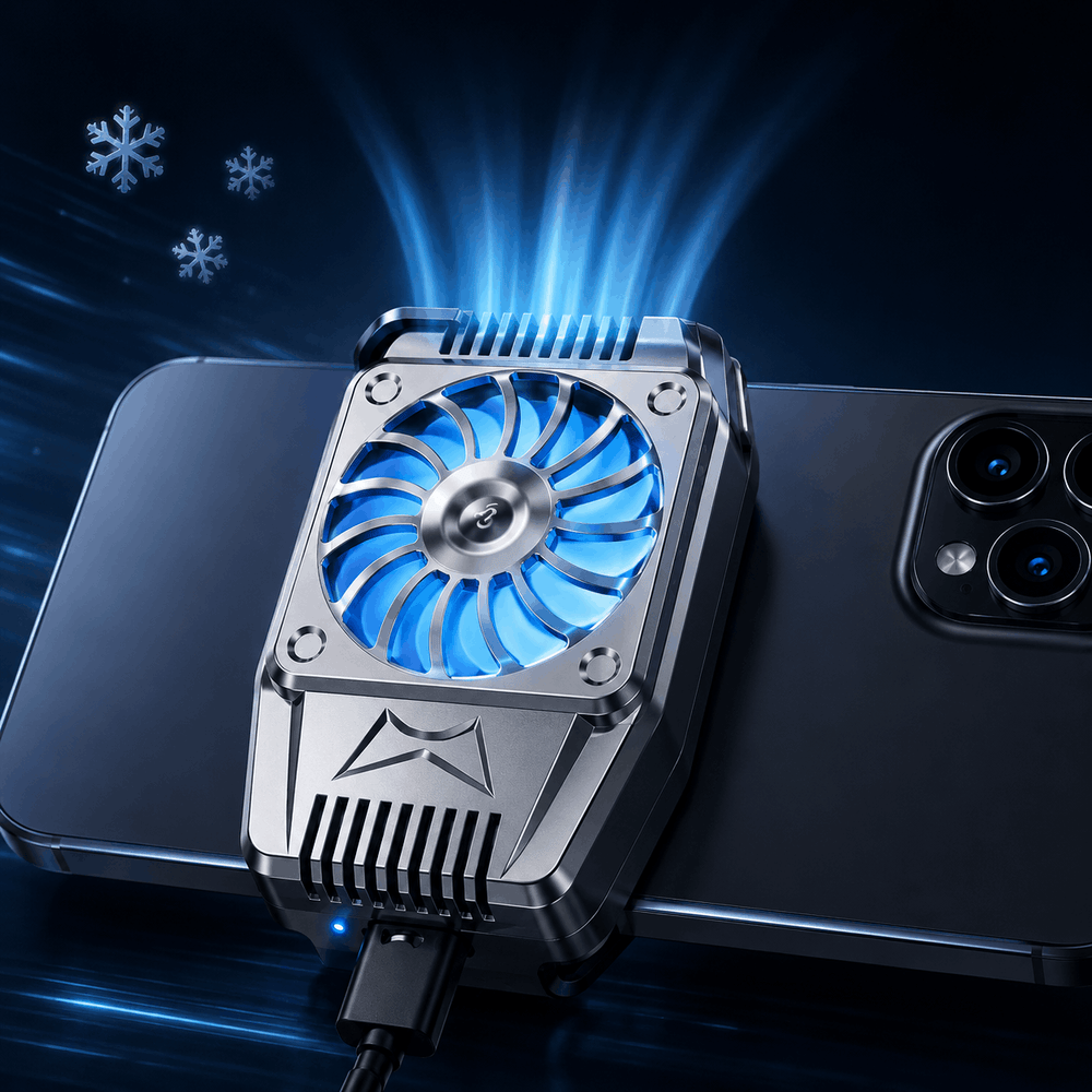 Portable cell phone cooling fan attached to a smartphone, showing rapid heat dissipation and blue LED glow