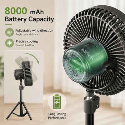 Portable fan with 8000mAh battery capacity on a stand, featuring adjustable wind direction and precise cooling.
