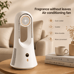 Portable fragrance cooling fan in white showing the front control buttons, digital display, and multi-direction air vents
