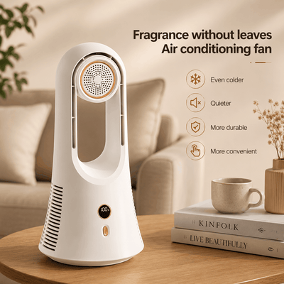 Portable fragrance cooling fan in white showing the front control buttons, digital display, and multi-direction air vents