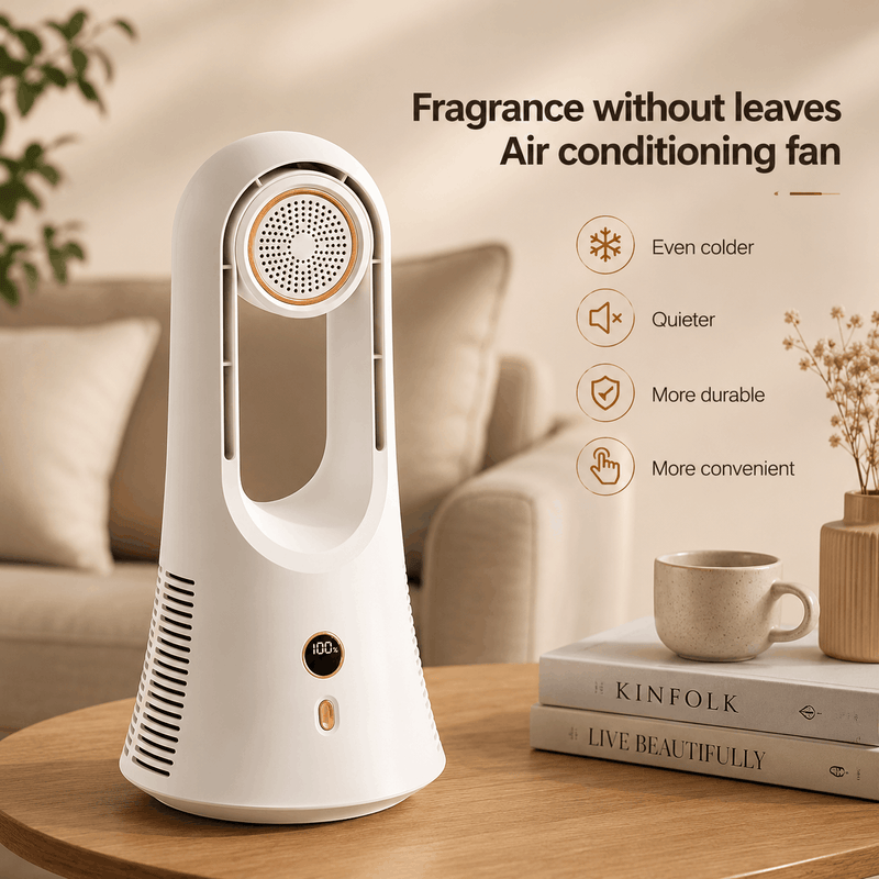 Portable fragrance cooling fan in white showing the front control buttons, digital display, and multi-direction air vents