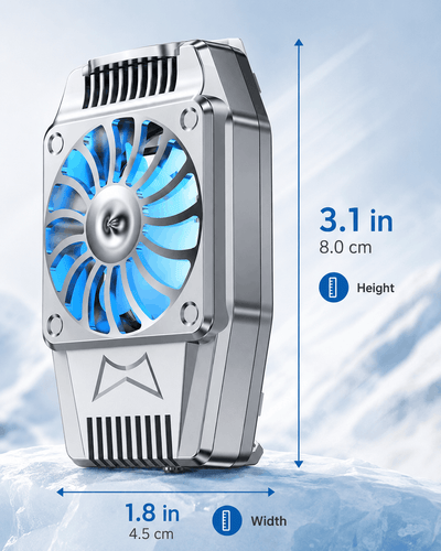 `Portable phone cooler gaming fan with blue LED light, showing dimensions of 3.1 inches height and 1.8 inches width.`