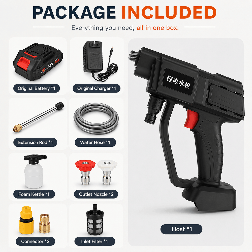 Power washer package contents including the main unit, battery, charger, hose, and various attachments