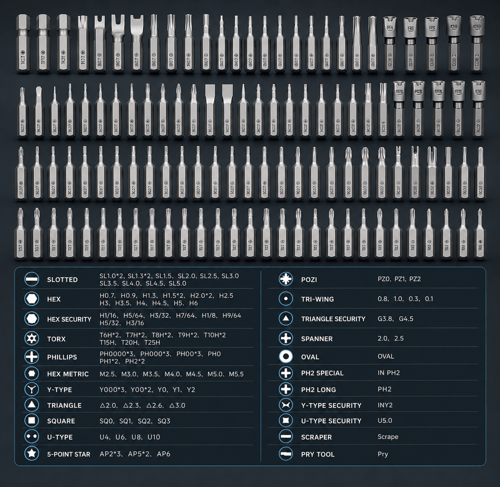 Precision bit set chart including Torx, Phillips, Hex, and various security bits