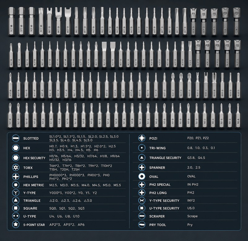 Precision bit set chart including Torx, Phillips, Hex, and various security bits