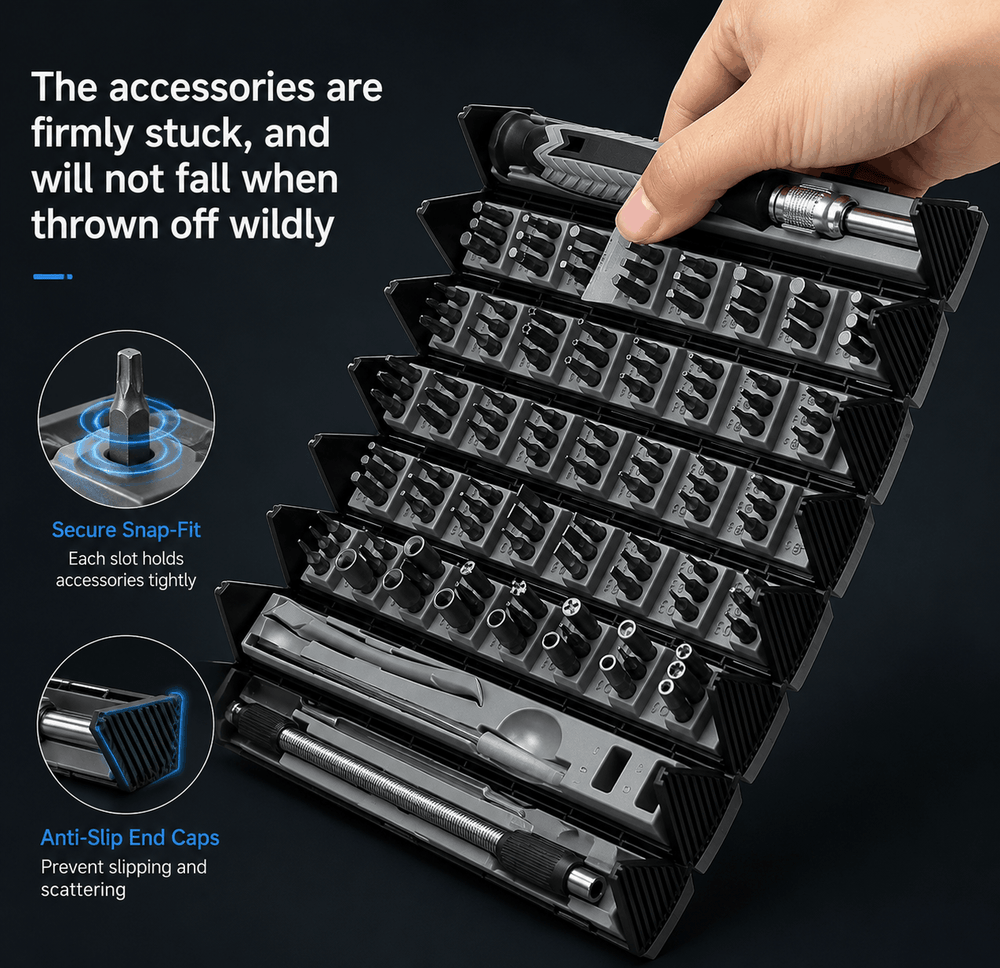 Precision screwdriver bit set featuring secure snap-fit slots and anti-slip end caps