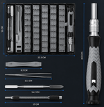 Precision tool kit dimensions showing driver, bits, and repair accessories