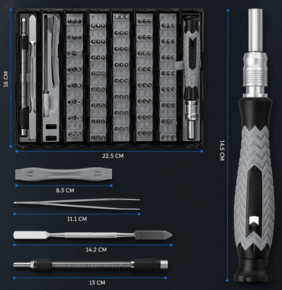Precision tool kit dimensions showing driver, bits, and repair accessories