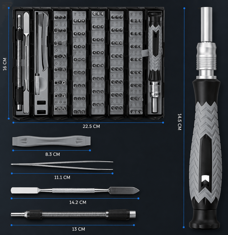 Precision tool kit dimensions showing driver, bits, and repair accessories