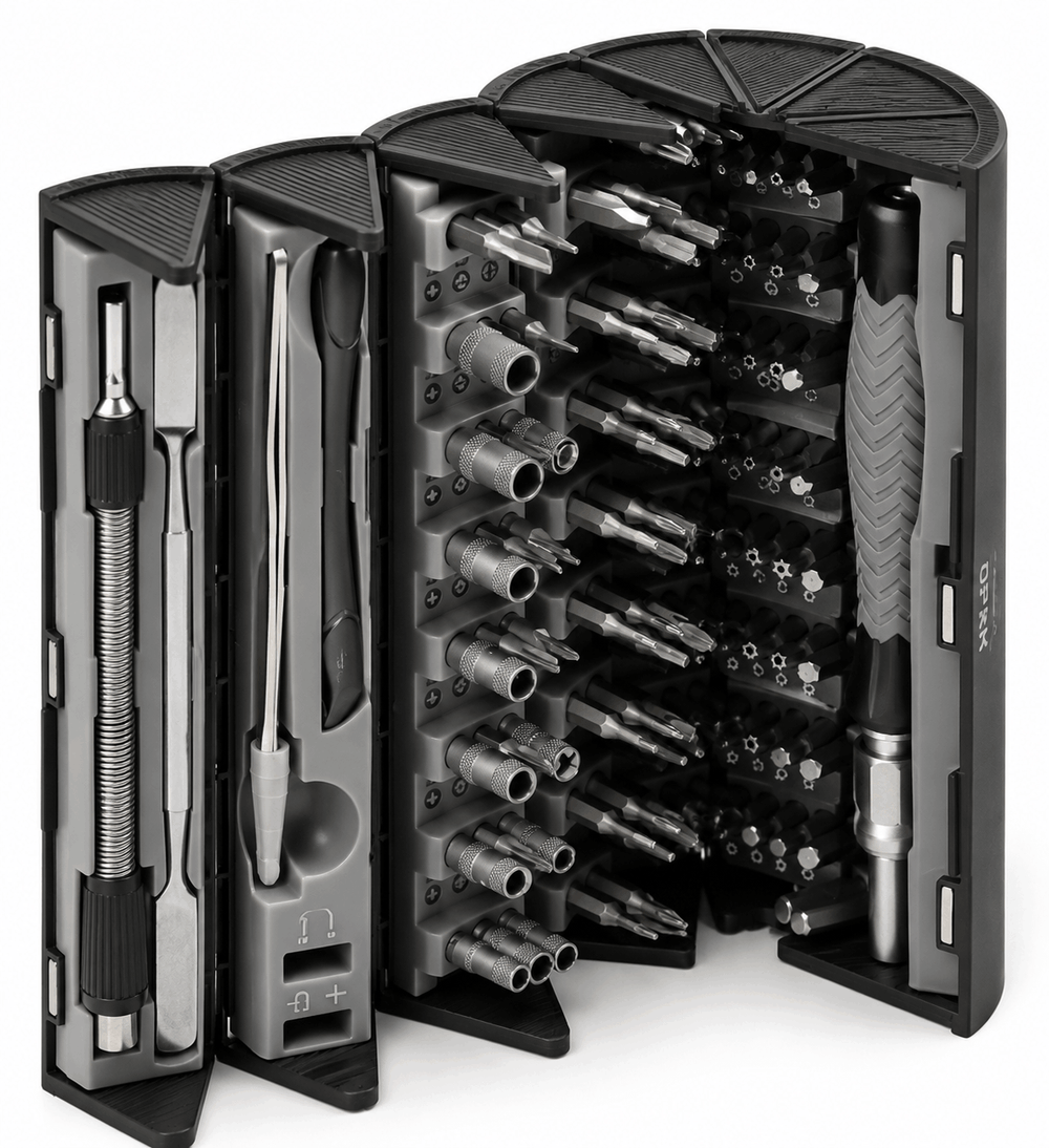 Precision tool set in an open, multi-tiered cylindrical organizer case