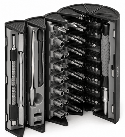 Precision tool set in an open, multi-tiered cylindrical organizer case