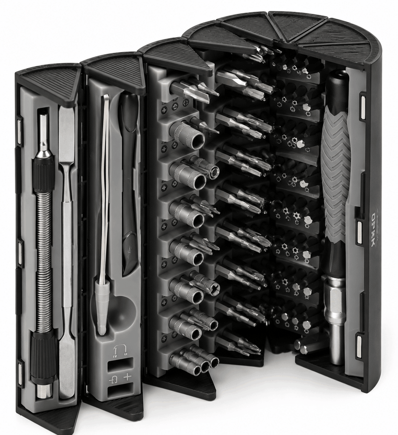 Precision tool set in an open, multi-tiered cylindrical organizer case