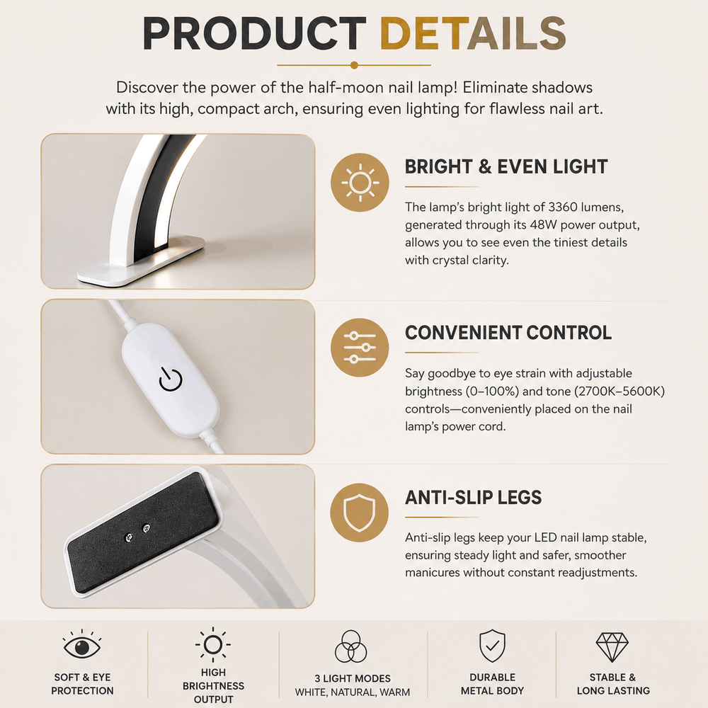 Product details of a half-moon nail lamp with features like bright light, convenient control, anti-slip legs, and durable metal body.