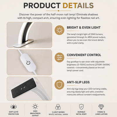 Product details of a half-moon nail lamp with features like bright light, convenient control, anti-slip legs, and durable metal body.