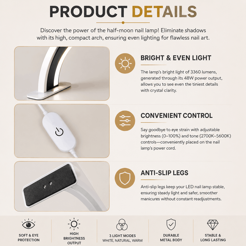 Product details of a half-moon nail lamp with features like bright light, convenient control, anti-slip legs, and durable metal body.