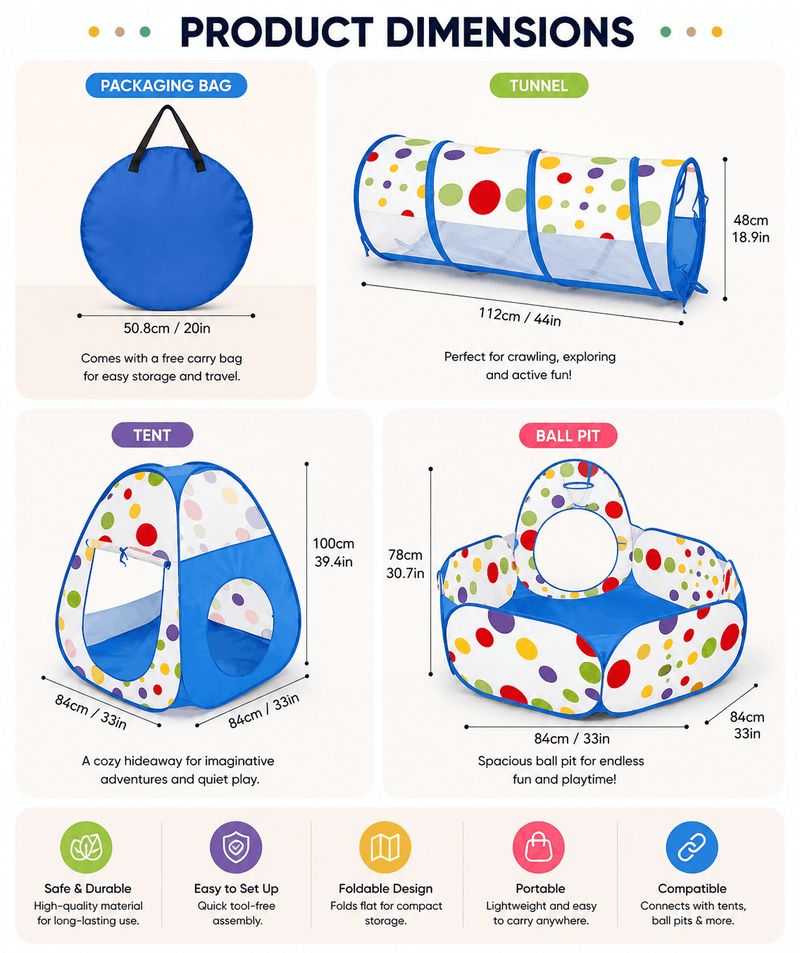Product dimensions chart for children's play equipment including a packaging bag, tunnel, tent, and ball pit.