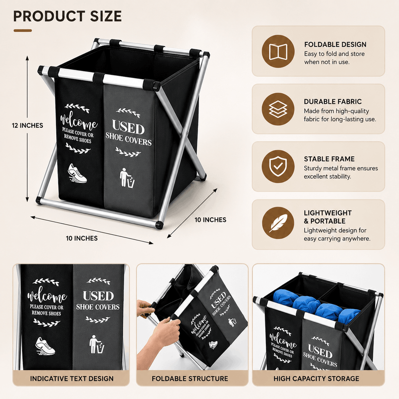 Product size chart with a shoe cover holder, features listed, and usage scenarios.