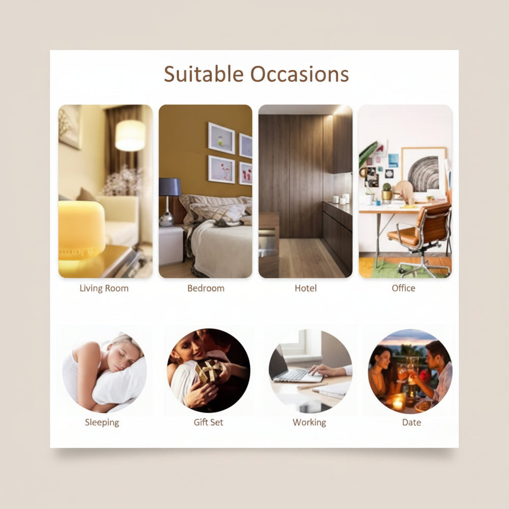 Product suitability for various settings including living room, bedroom, hotel, and office with icons of people sleeping, hugging, working, and dating. At Aezoon