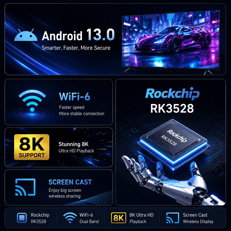 Promotional graphic highlighting Android 13.0, WiFi-6, Rockchip RK3528, 8K support, and screen cast features with a car and robot illustration.