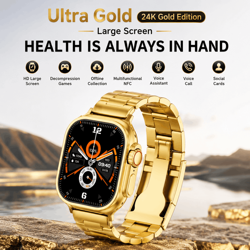 Promotional image for an "Ultra Gold 24K Gold Edition" smartwatch featuring a large HD screen and a gold metal link band, highlighting features such as voice calling, multifunctional NFC, and health tracking.