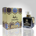 Raghba perfume bottle and packaging on a reflective surface At Aezoon