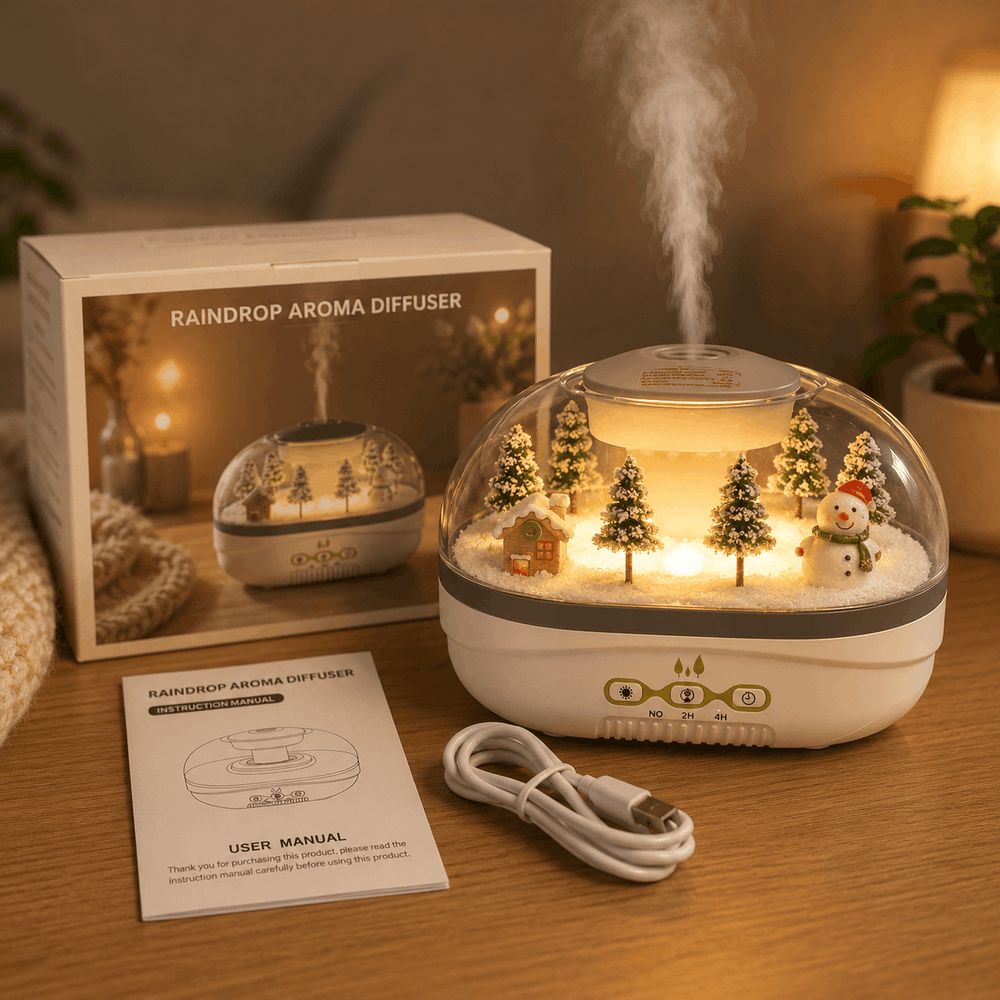 Raindrop Aroma Diffuser with Christmas scene inside, next to packaging and user manual on a wooden surface.