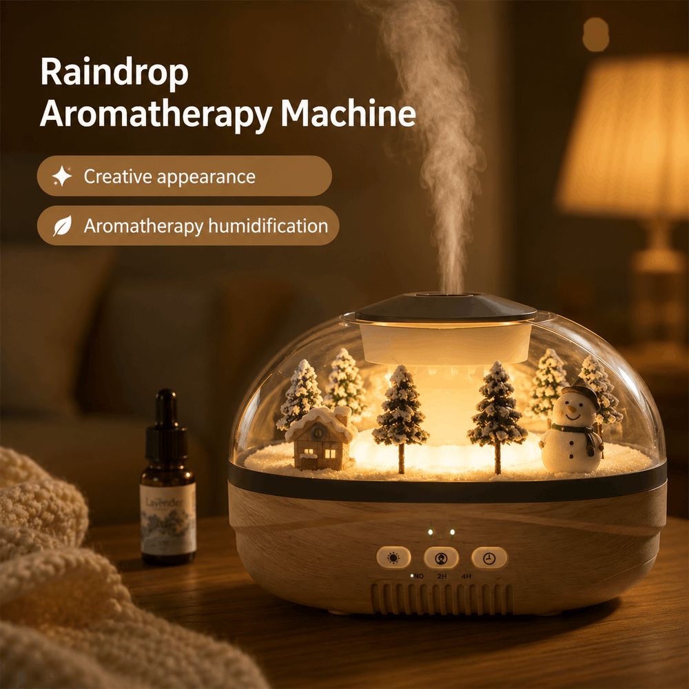 Raindrop Aromatherapy Machine with decorative elements on a wooden surface.