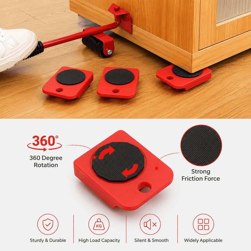 Red furniture moving glides with 360-degree rotation feature on a wooden floor.