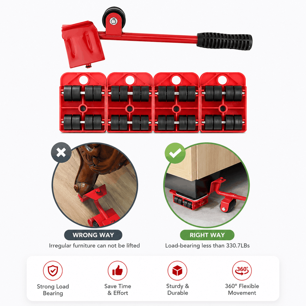 Red furniture roller set with usage instructions on a white background