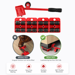 Red furniture roller set with usage instructions on a white background