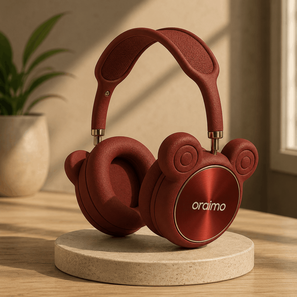 Red headphones on a wooden stand with a plant in the background