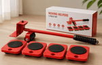 Red moving helpers tool set with packaging on a wooden surface