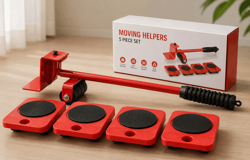 Red moving helpers tool set with packaging on a wooden surface