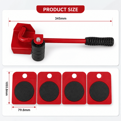 Red tool with black handle and attachments, showing product size measurements on a white background.