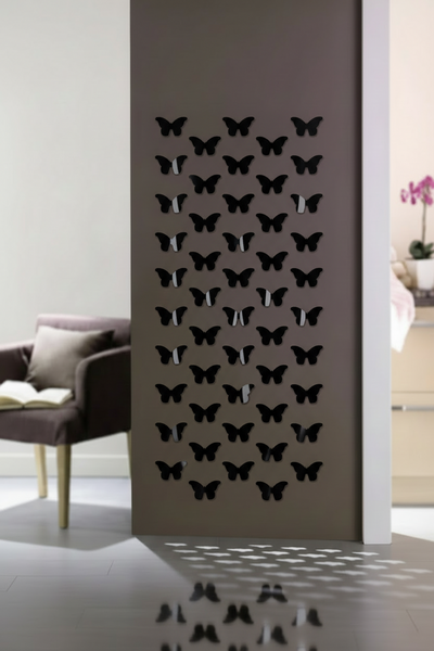 Reflective silver 3D acrylic butterfly mirrors in a pack of 40 for modern interior wall design at Aezoon.