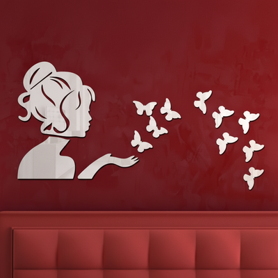 Reflective silver 3D acrylic fairy and butterfly wall decal for stylish home office or vanity decor at Aezoon.