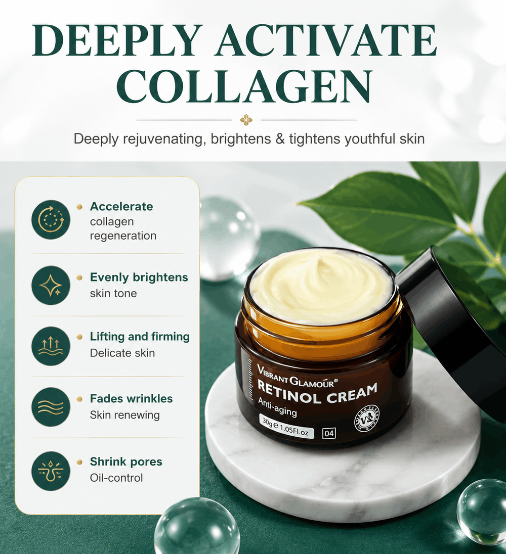Retinol cream jar with green leaves and text about skin benefits on a white background