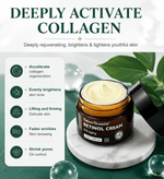 Retinol cream jar with green leaves and text about skin benefits on a white background