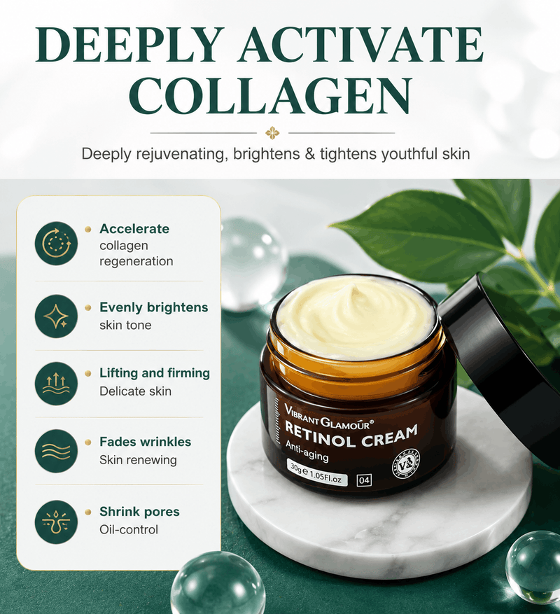 Retinol cream jar with green leaves and text about skin benefits on a white background