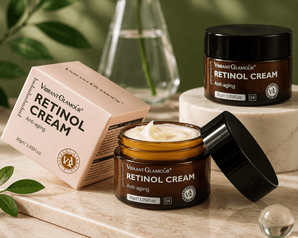 Retinol cream jars and packaging on a wooden surface with greenery in the background